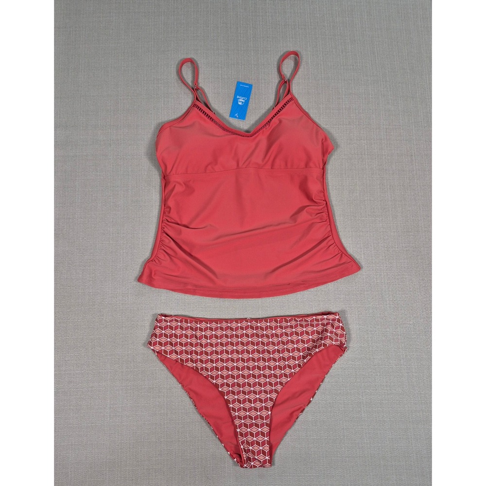 Cupshe Red Ruched Tankini Set‎ Mid Rise Geometric Bottoms New With Tags Large - Picture 3 of 11